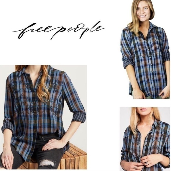 Free People “Magical Plaid" Embroidery Top size Small - Picture 1 of 13